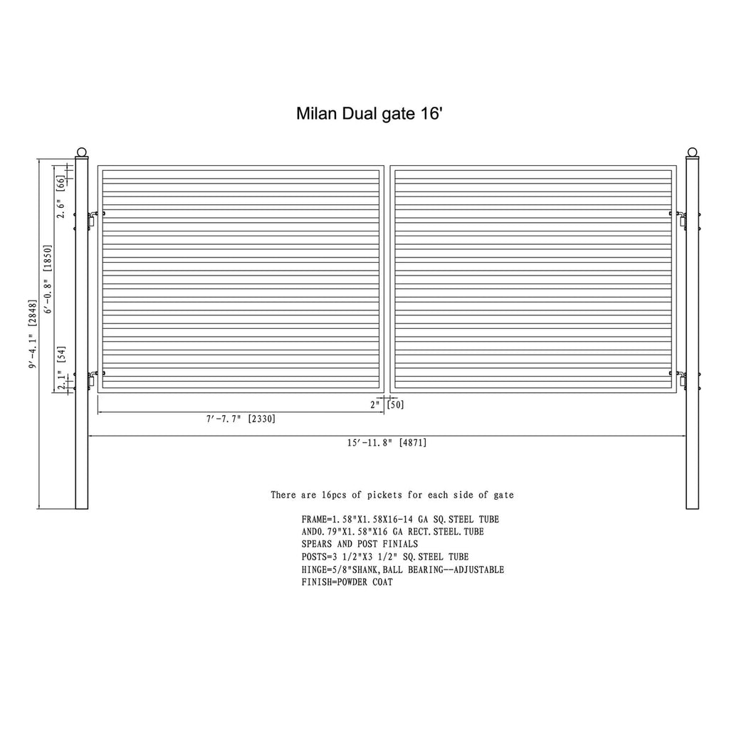 Aleko Steel Dual Swing Driveway Gate - MILAN Style - 16 x 6