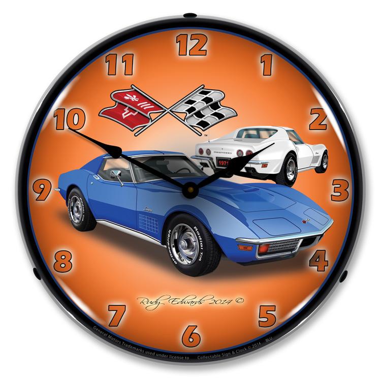 Collectable Sign and Clock - 1971 Corvette Stingray Blue 