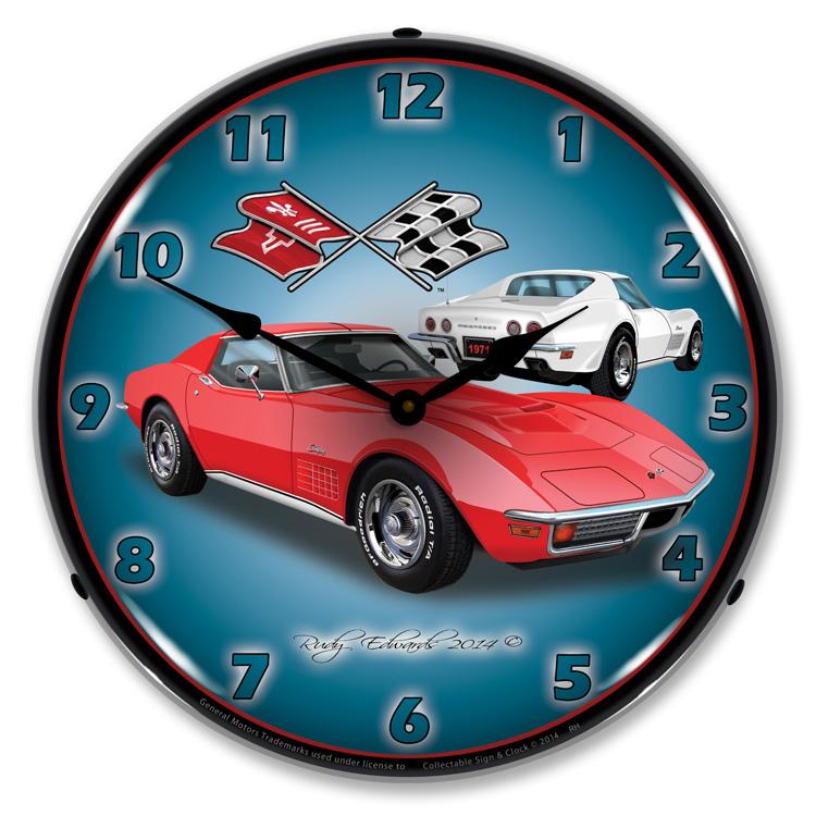 Collectable Sign and Clock - 1971 Corvette Stingray Red 