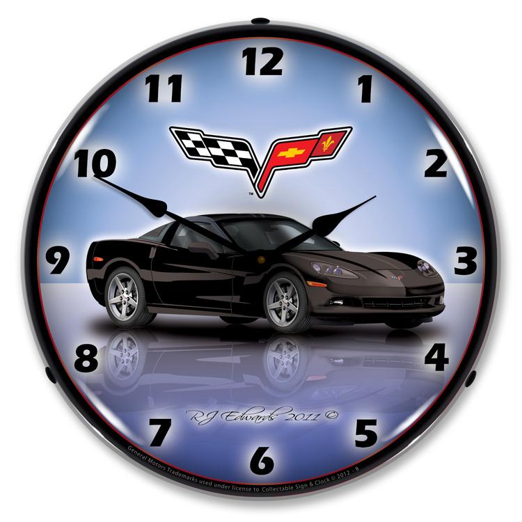 Collectable Sign and Clock - C6 Corvette Black Clock - Wall 