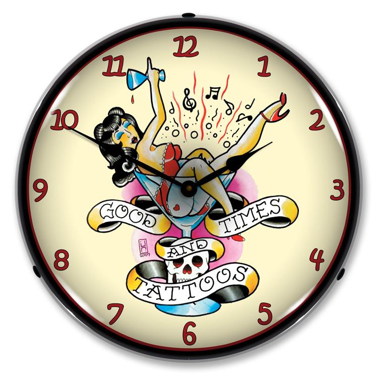 Collectable Sign and Clock - Tattoo Girl in Glass Clock - 