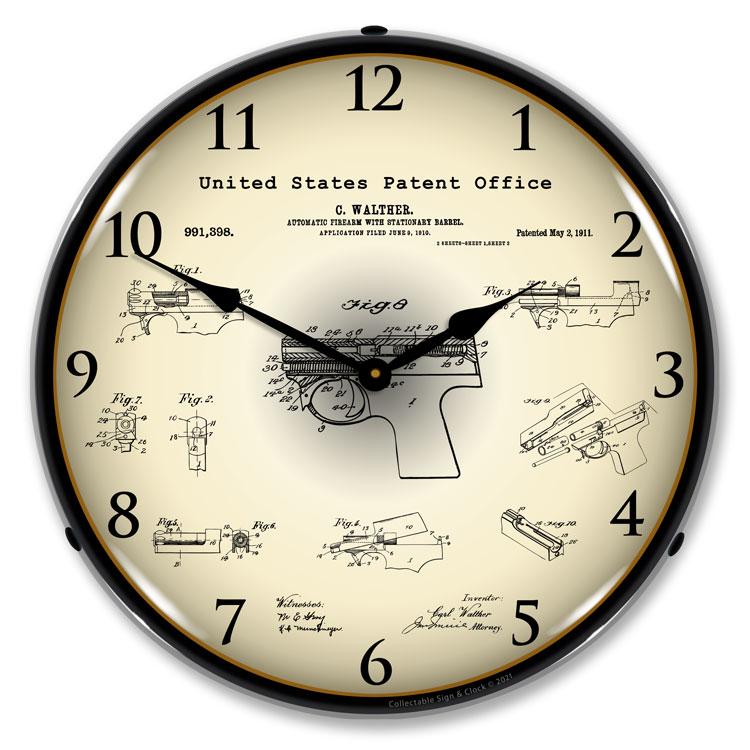Collectable Sign and Clock - Walther PPK Firearm 1911 Patent