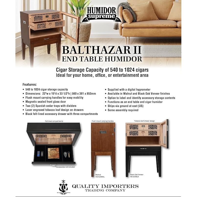 Humidor Supreme Balthazar II Glass Cabinet Humidor End Table Walnut
