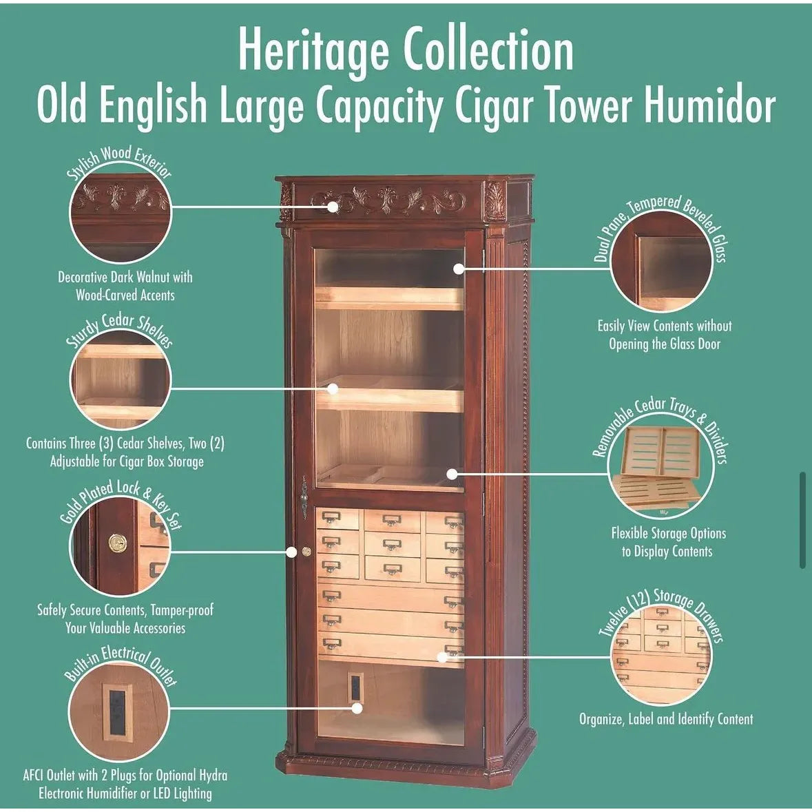 Humidor Supreme Olde English Dark Walnut Humidor Cabinet 3,500 Capacity