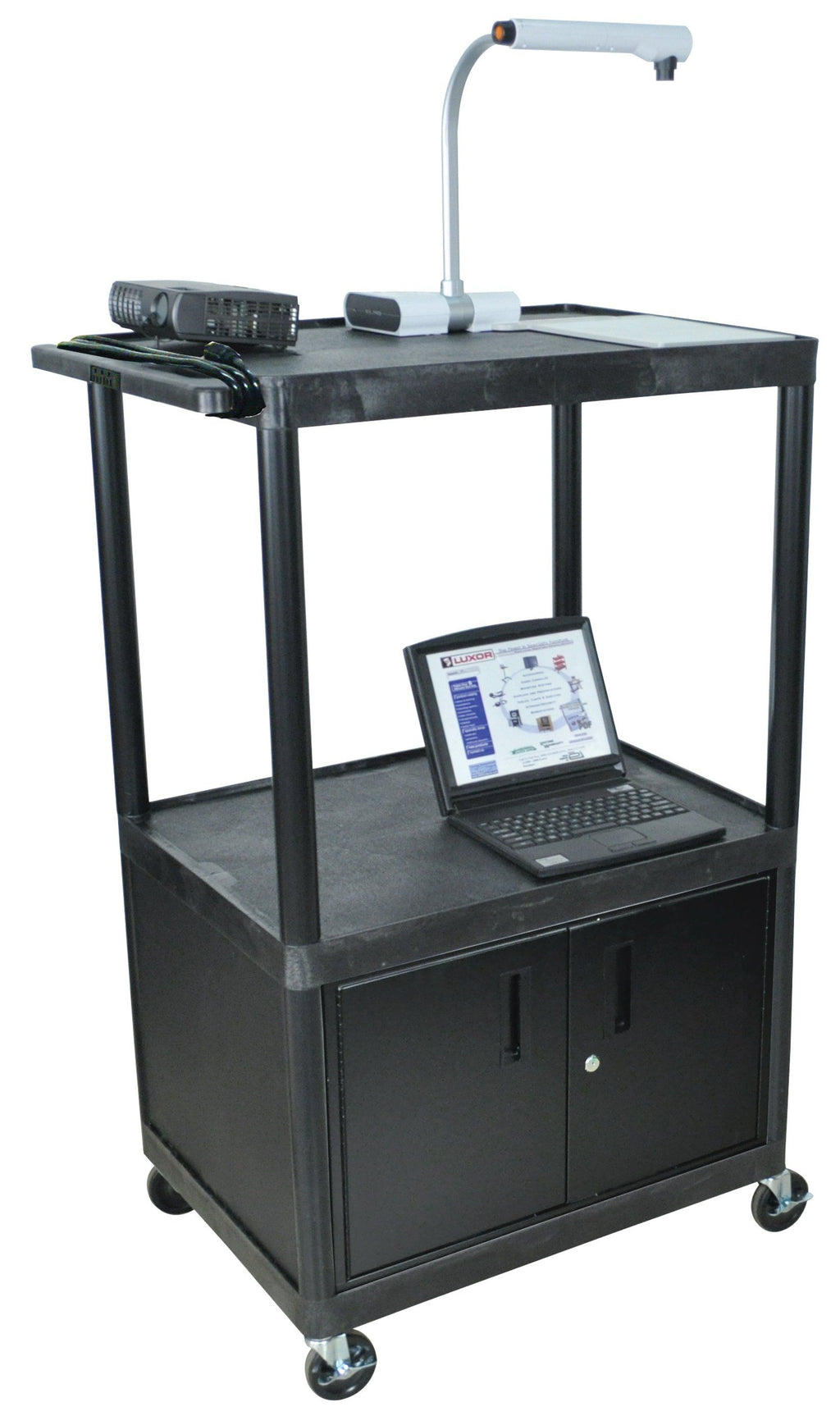 Luxor Black Endura 3 Shelf Presentation Cart W/ Cabinet 54