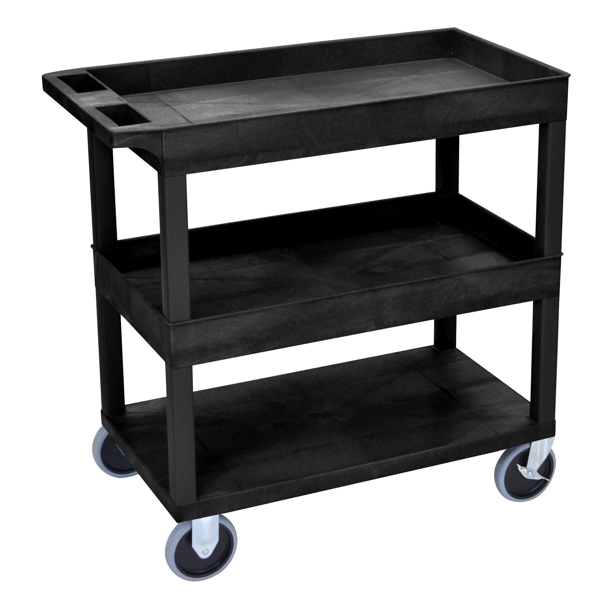 Luxor HD High Capacity 2 Tub and 1 Flat Shelf Cart in Black