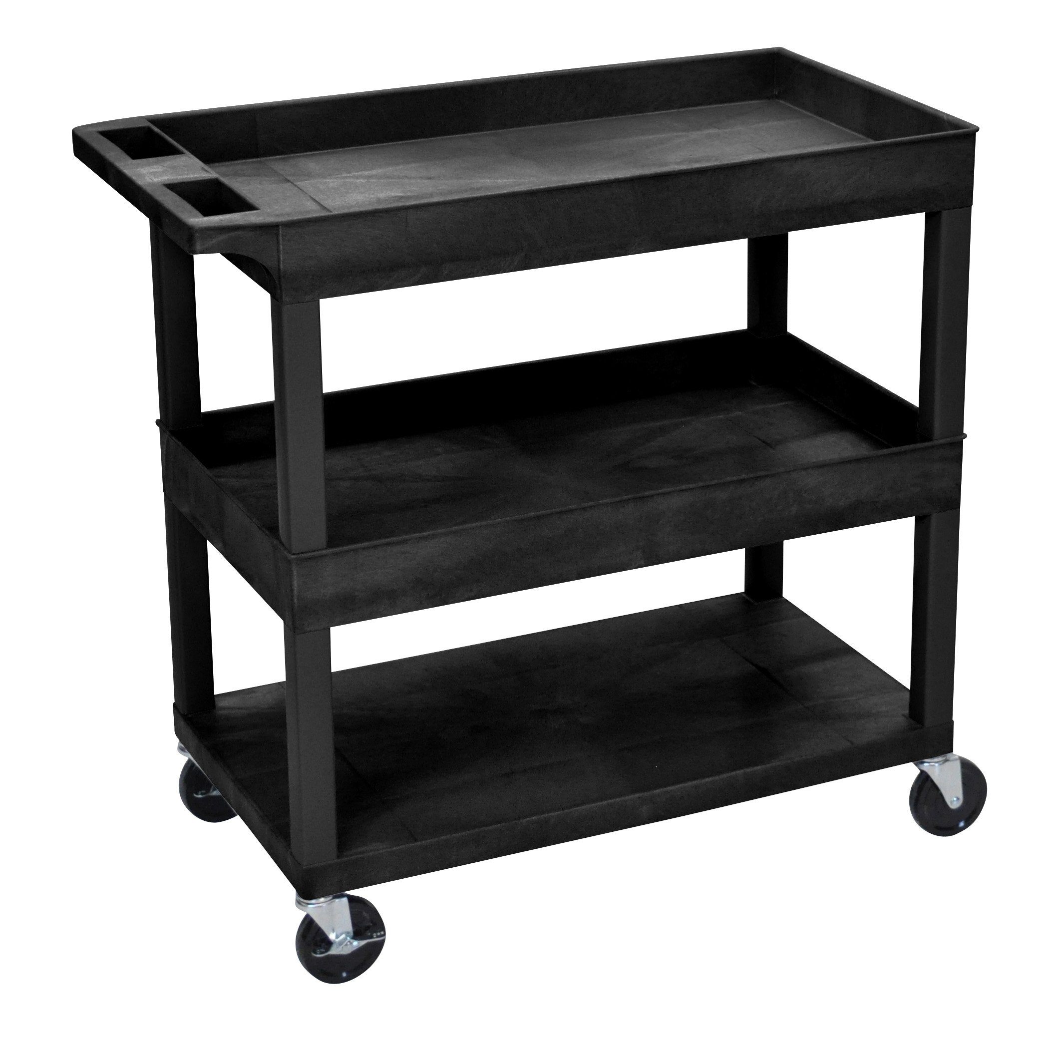 Luxor High Capacity 2 Tubs and 1 Flat Shelf Cart in Black