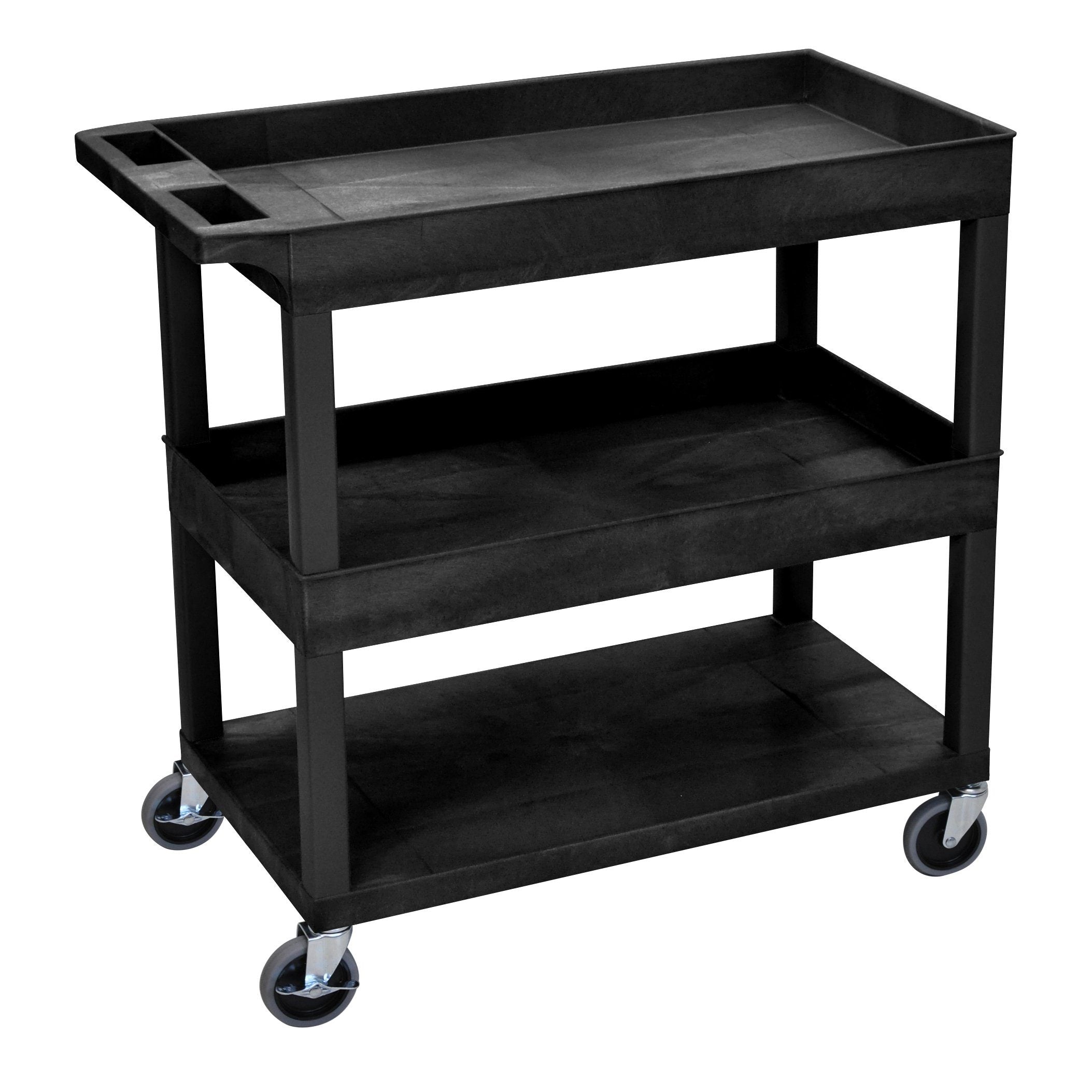 Luxor High Capacity 2 Tubs and 1 Flat Shelf Cart in Black