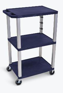 Luxor Navy Blue Tuffy 3 Shelf 42’’ AV Cart w/ Nickel Legs &