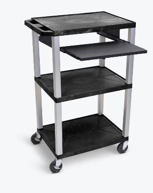 Luxor Tuffy Black 42’’ 3 Shelf Cart W/ Black Pull Out Shelf