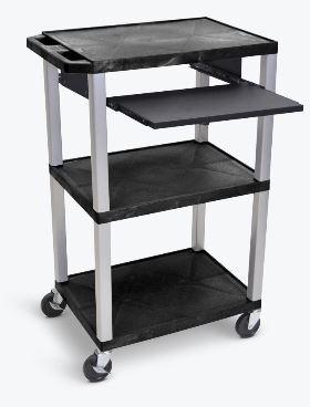 Luxor Tuffy Black 42’’ 3 Shelf Cart W/ Black Pullout Shelf