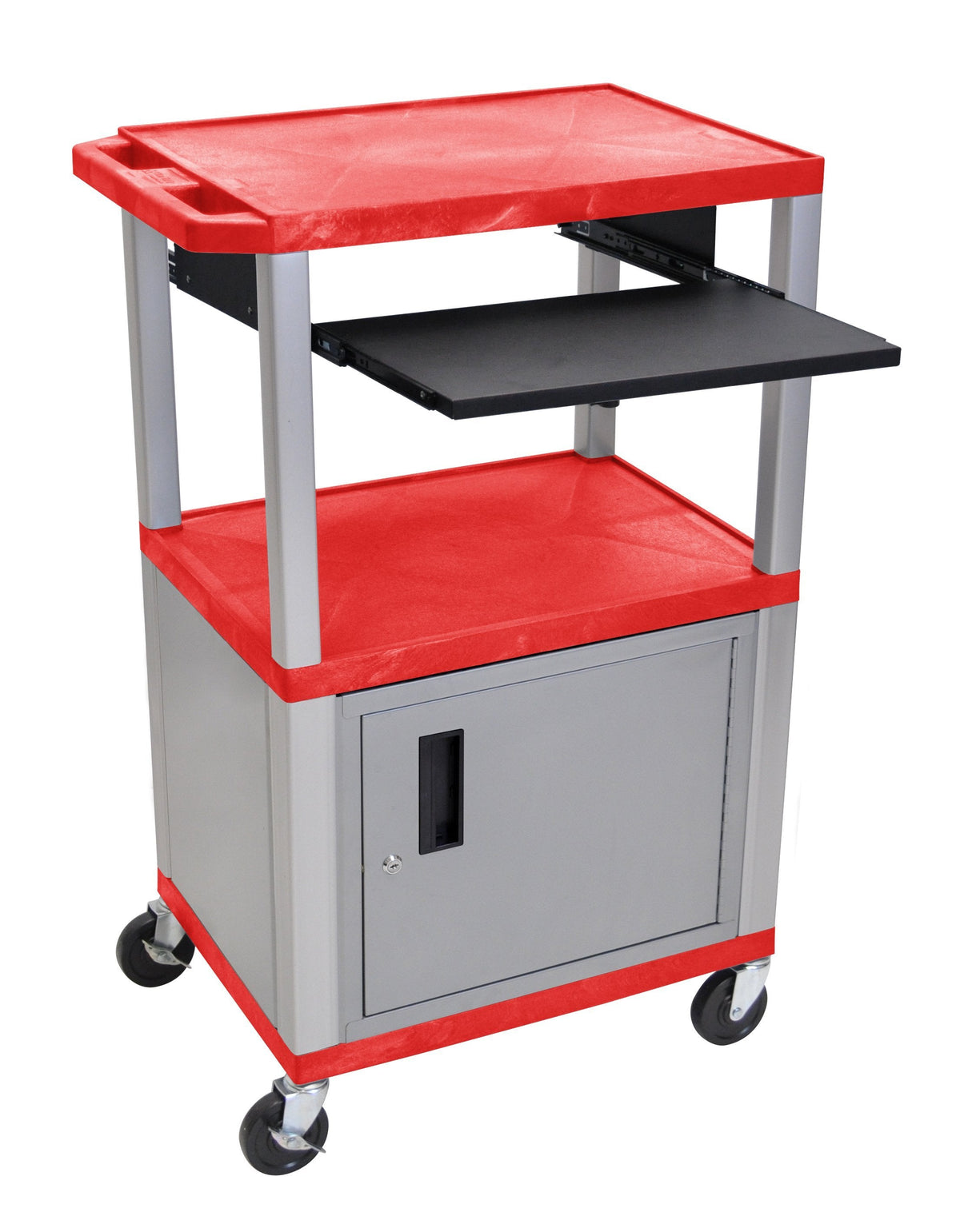Luxor Tuffy Red 42’’ 3 Shelf Cart W/ Black Pullout Shelf &