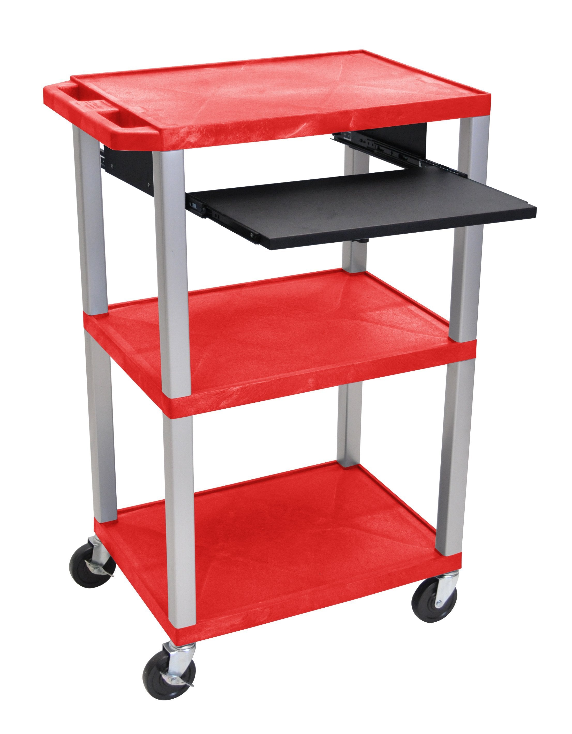 Luxor Tuffy Red 42’’ 3 Shelf Cart W/ Black Pullout Shelf &