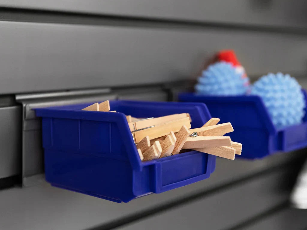 NewAge PVC Slatwall Blue Parts Bins with Parts Bins Support