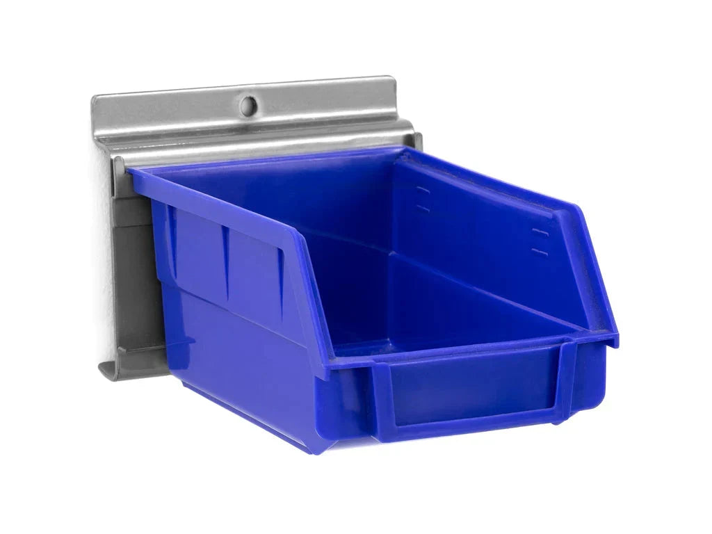 NewAge PVC Slatwall Blue Parts Bins with Parts Bins Support