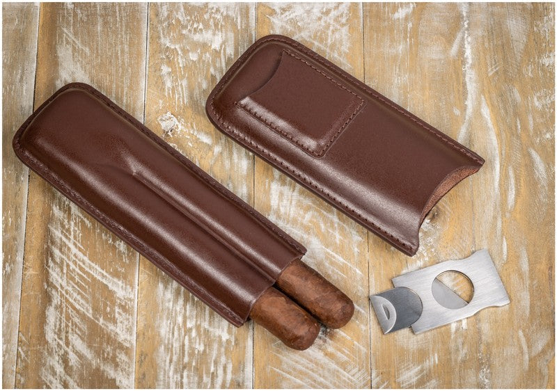 Prestige Import Group Leather Cigar Case w/ Cutter Brown