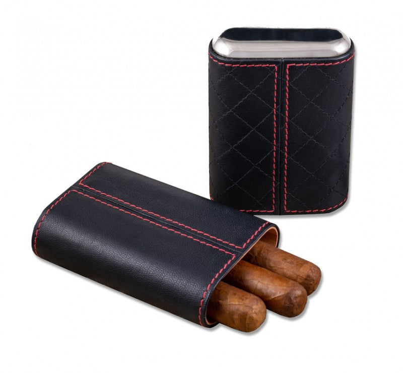 Prestige Import Group Diamond Stitch Leather 3-Cigar Travel Case Black
