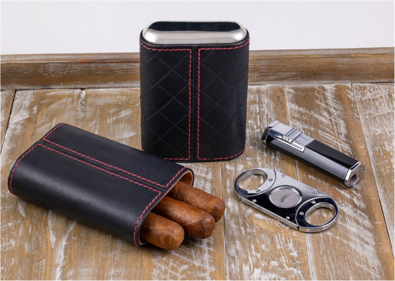 Prestige Import Group Diamond Stitch Leather 3-Cigar Travel Case Black
