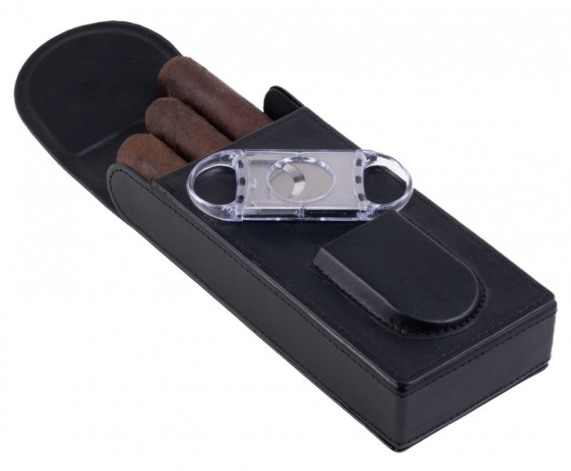 Prestige Import Group Black Leather 3-Cigar Magnetic Closure Case