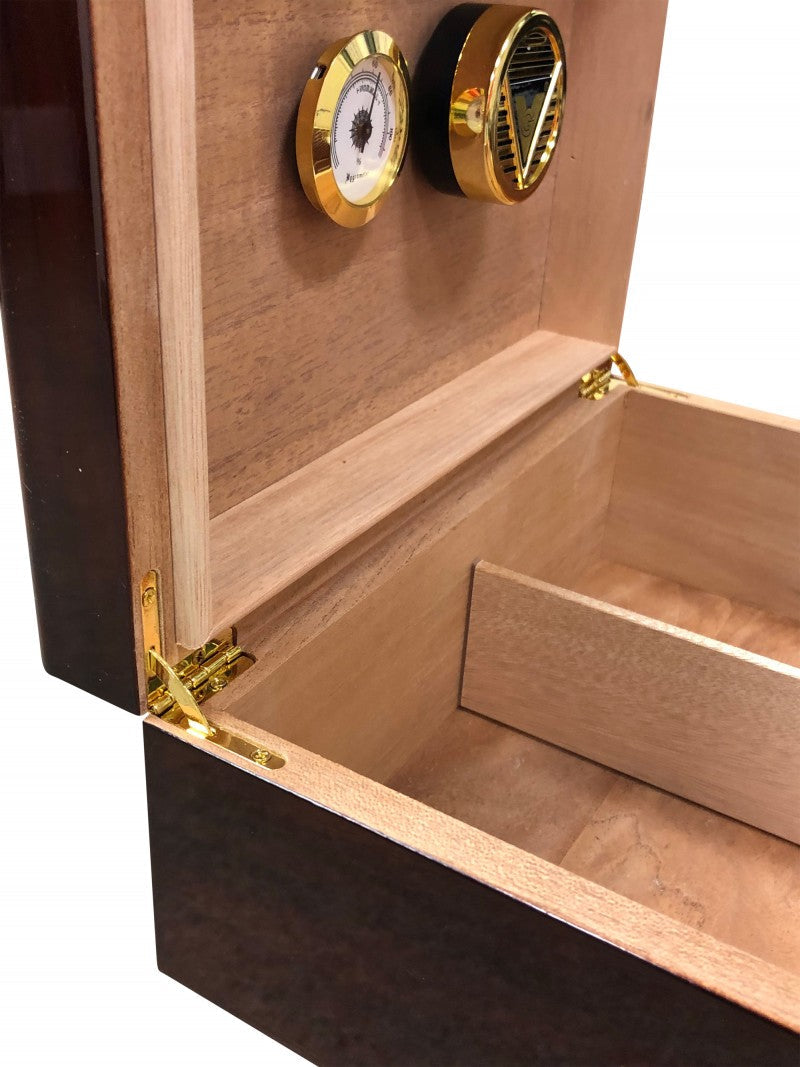 Bellevue 50-60 Count Mahogany Lacquer Desktop Cigar Humidor With Hygrometer