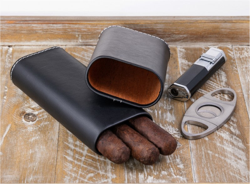 Prestige Import Group Black Leather 3-Cigar Travel Case Spanish Cedar