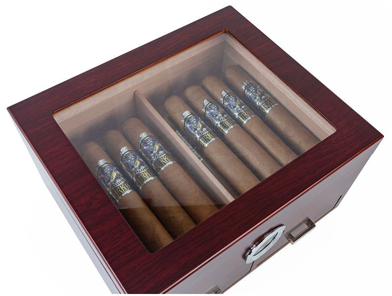 Cherry Glass-Top Desktop Humidor with Storage Drawers and Hygrometer