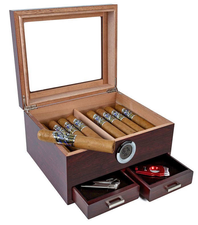 Cherry Glass-Top Desktop Humidor with Storage Drawers and Hygrometer