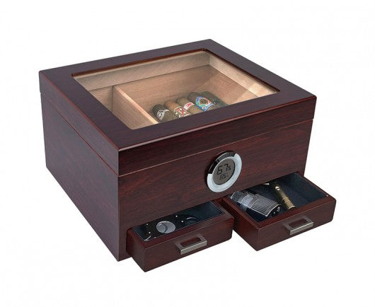 Cherry Glass-Top Desktop Humidor with Storage Drawers and Hygrometer
