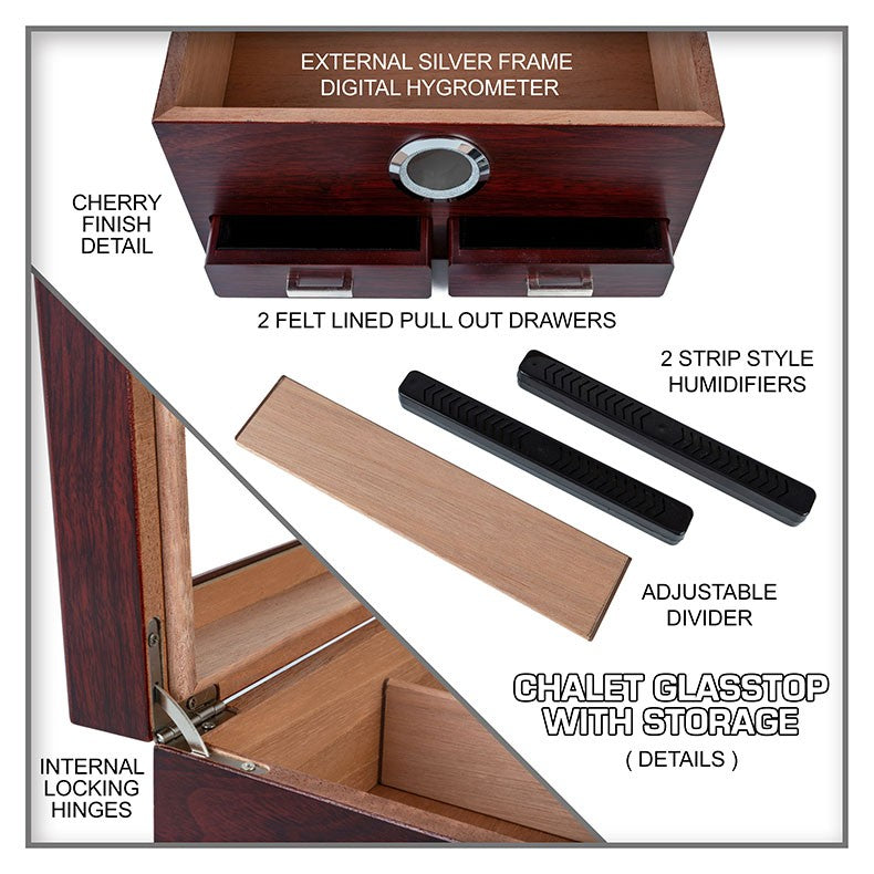 Cherry Glass-Top Desktop Humidor with Storage Drawers and Hygrometer
