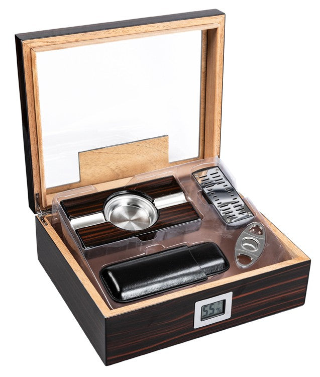 Kensington 75‑Count Glass Top Desktop Humidor Gift Set with Accessories