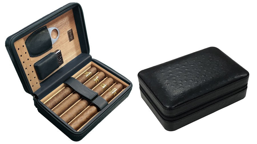 Manhattan Black Leather Travel Humidor Case with Cedar Lining, Accessories