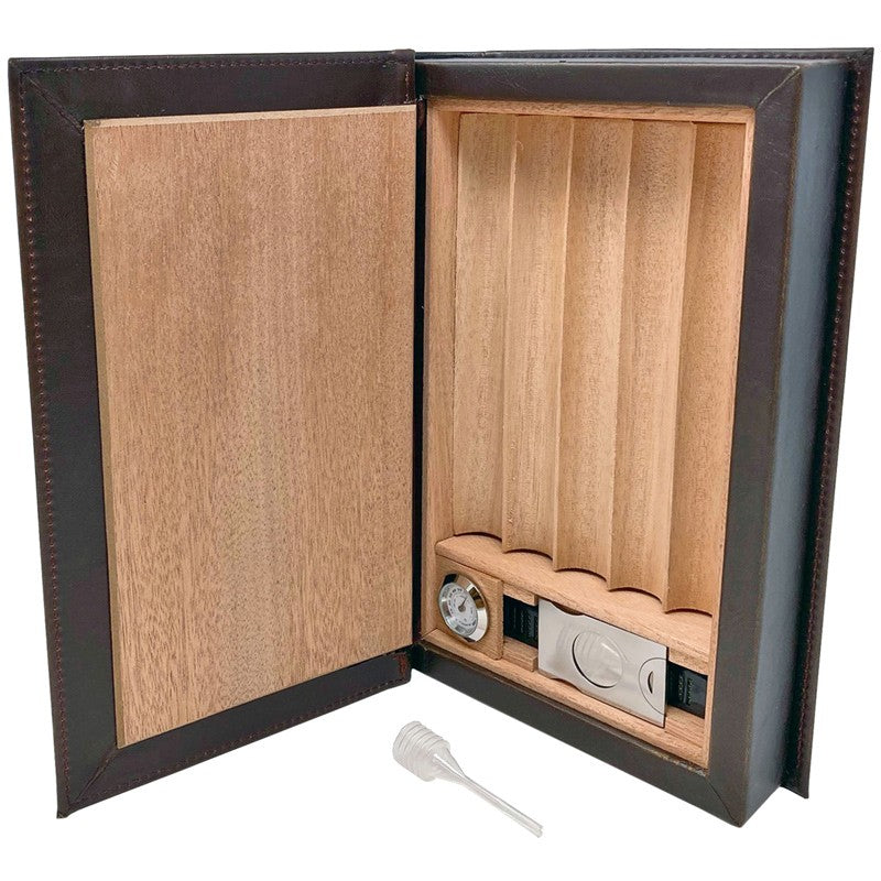 Novelist Brown Leather Book Travel Humidor with Tray, Hygrometer, Cutter
