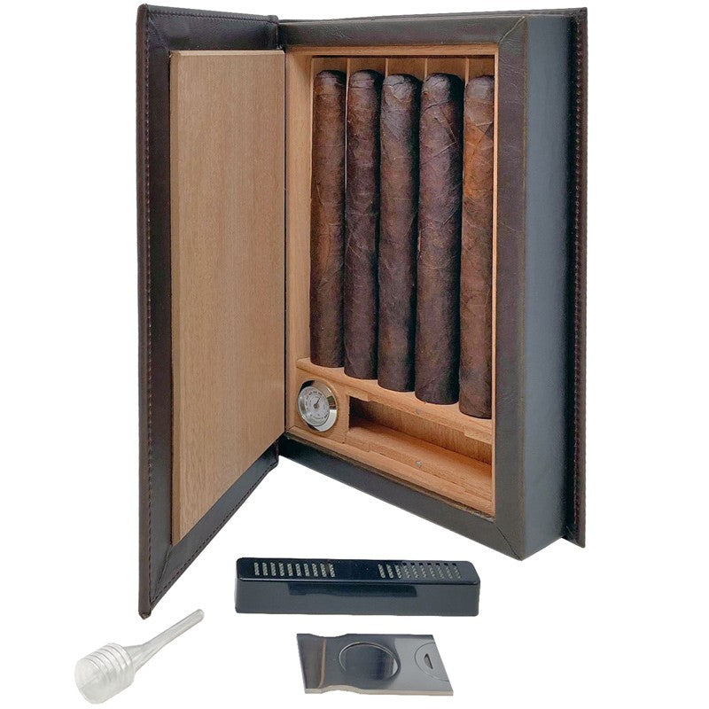 Novelist Brown Leather Book Travel Humidor with Tray, Hygrometer, Cutter