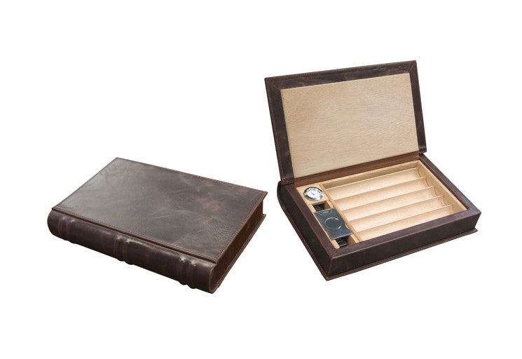 Novelist Brown Leather Book Travel Humidor with Tray, Hygrometer, Cutter