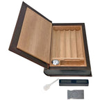 Novelist Brown Leather Book Travel Humidor with Tray, Hygrometer, Cutter