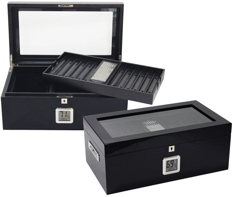Raven Black Lacquer Humidor 120-Cigar Capacity Digital Hygrometer