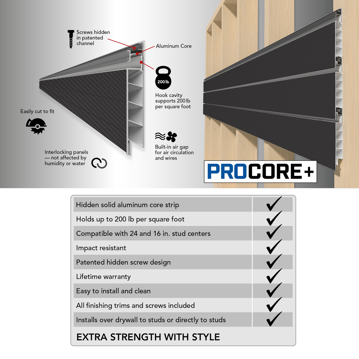 Proslat 8 ft. x 4 ft. PROCORE + Carbon Fiber PVC Slatwall