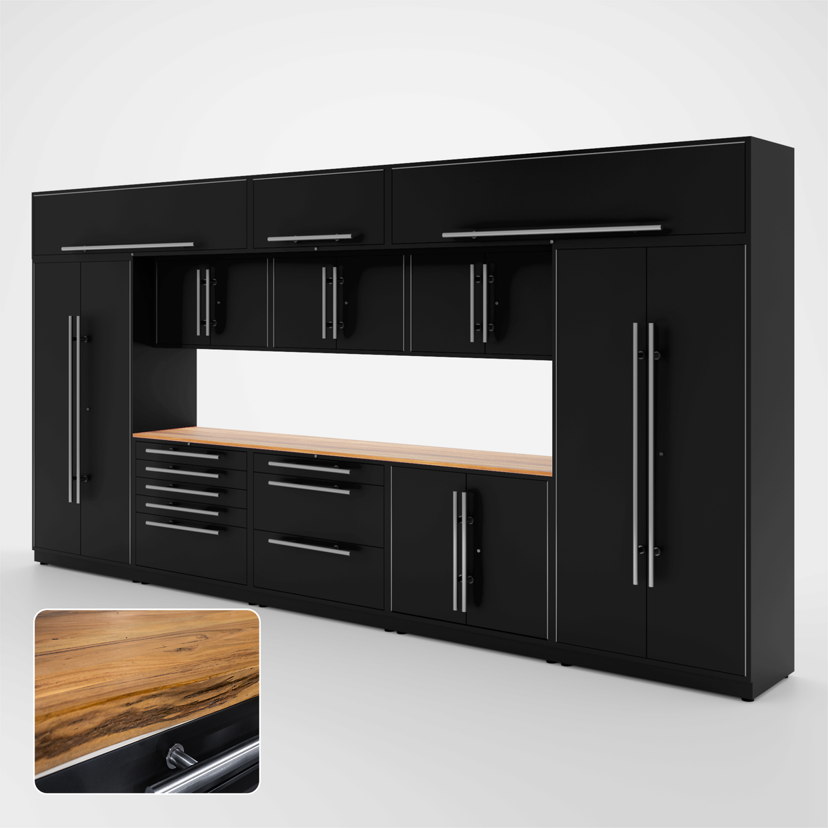 Proslat Lux Cabinets Black 12 Piece Set with Live Edge Wood