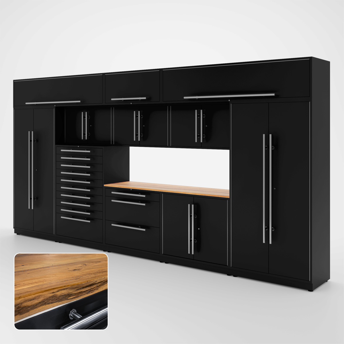 Proslat Lux Cabinets Black 12 Piece Set with Live Edge Wood