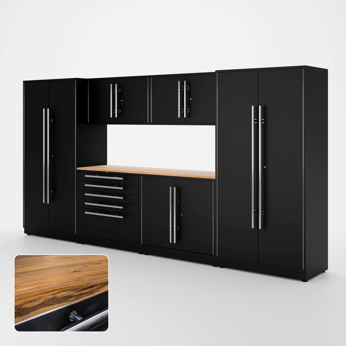 Proslat Lux Cabinets Black 7 Piece Set with Live Edge Wood