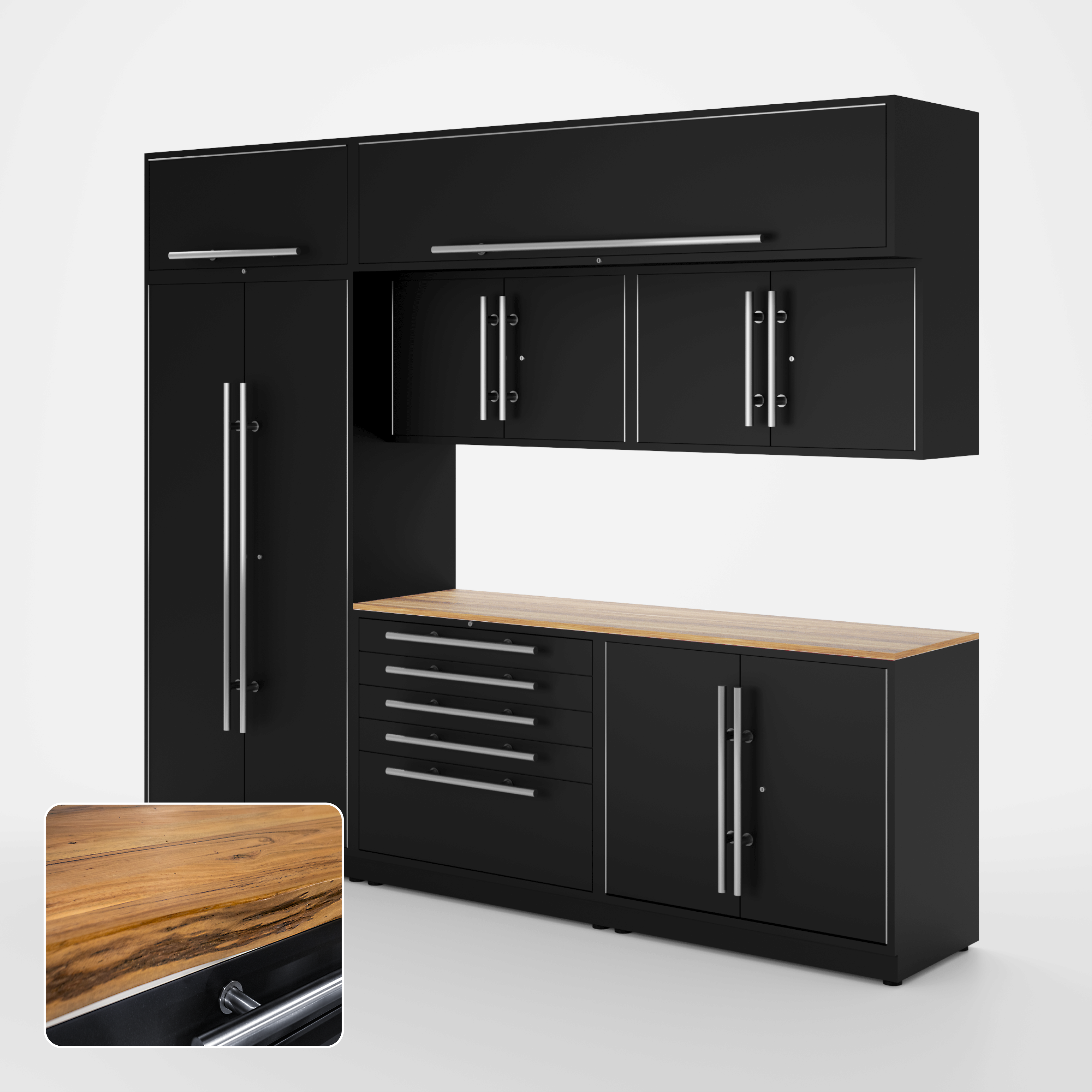 Proslat Lux Cabinets Black 8 Piece Set with Live Edge Wood
