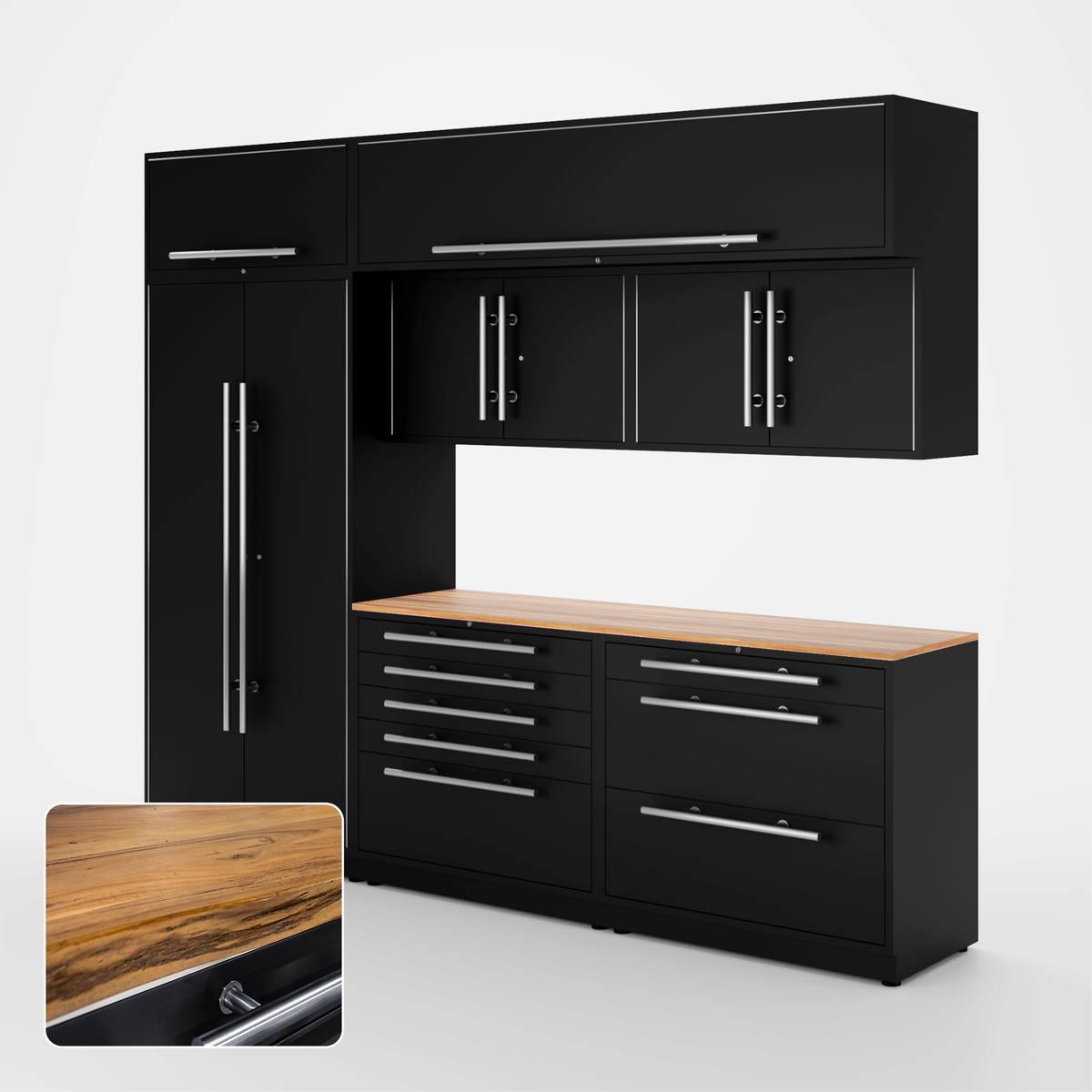 Proslat Lux Cabinets Black 8 Piece Set with Live Edge Wood