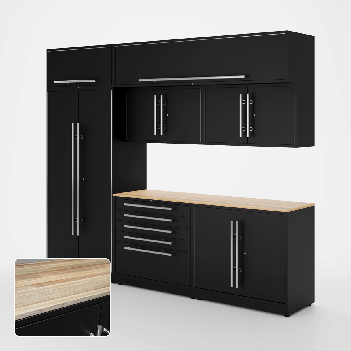 Proslat Lux Cabinets Black 8 Piece Set with Maple Wood