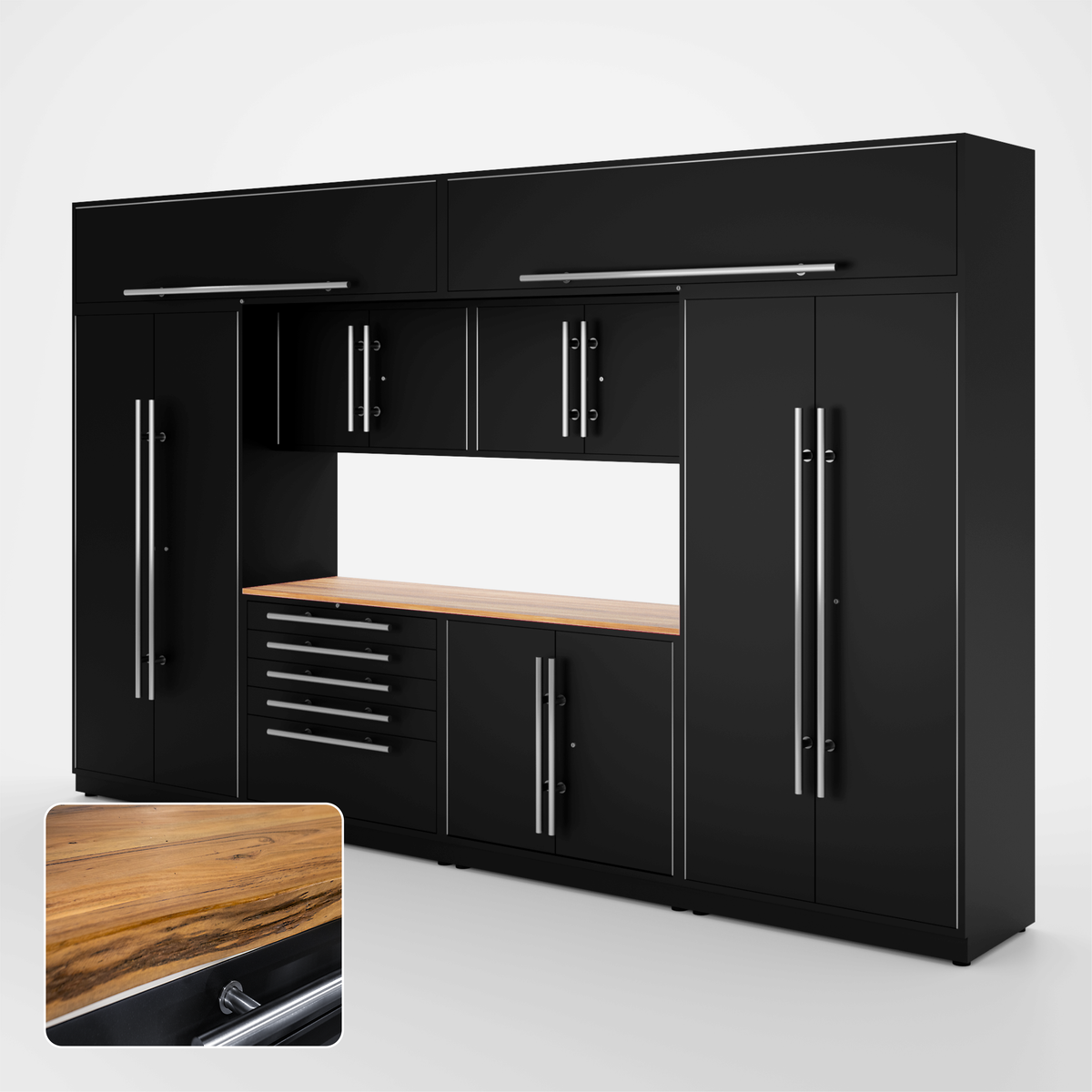 Proslat Lux Cabinets Black 9 Piece Set with Live Edge Wood
