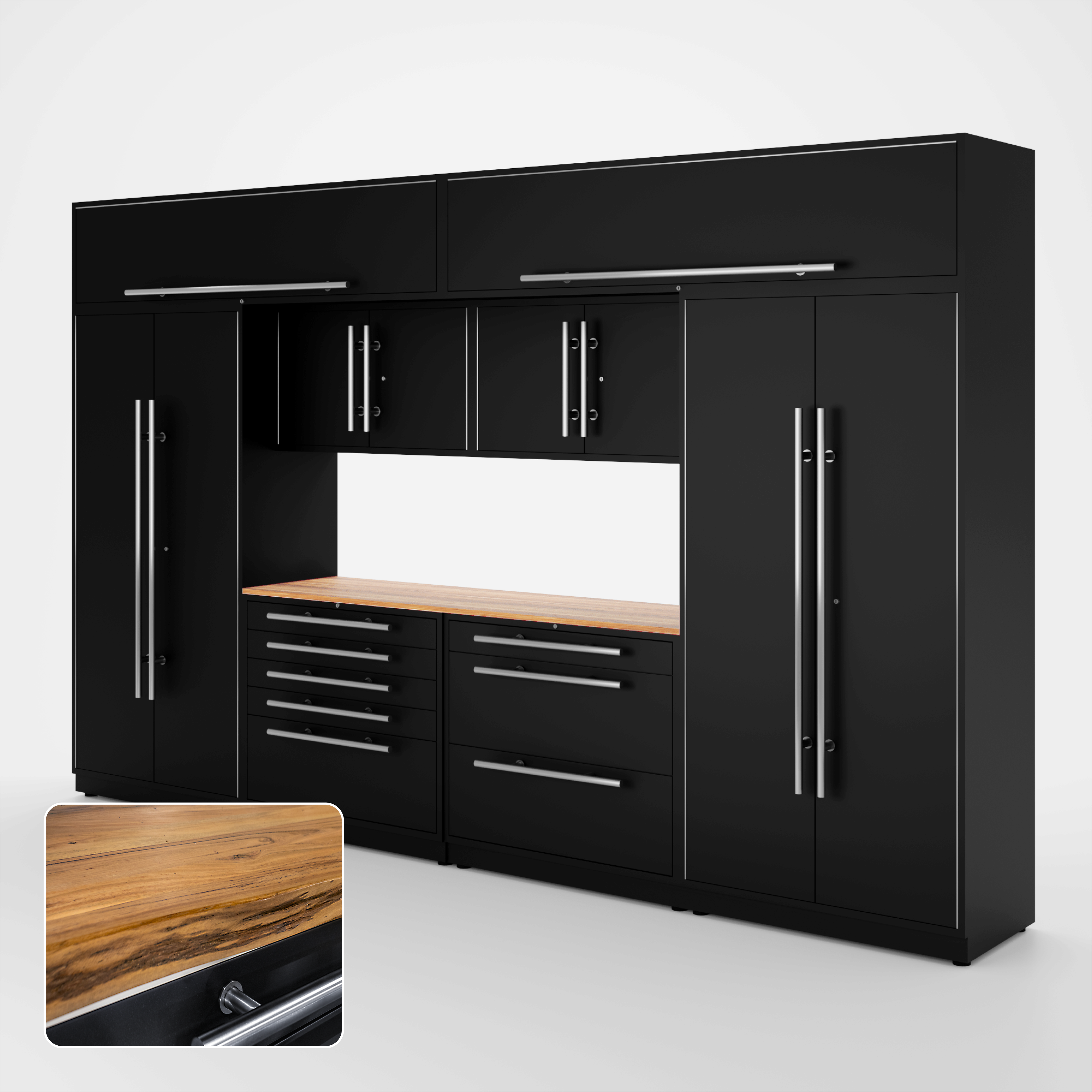 Proslat Lux Cabinets Black 9 Piece Set with Live Edge Wood
