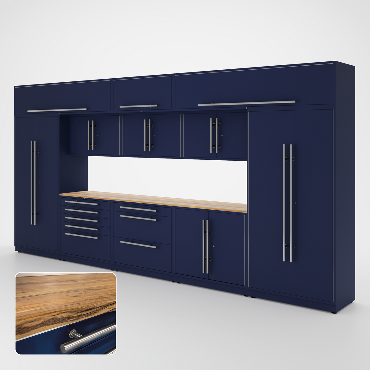 Proslat Lux Cabinets Blue 12 Piece Set with Live Edge Wood