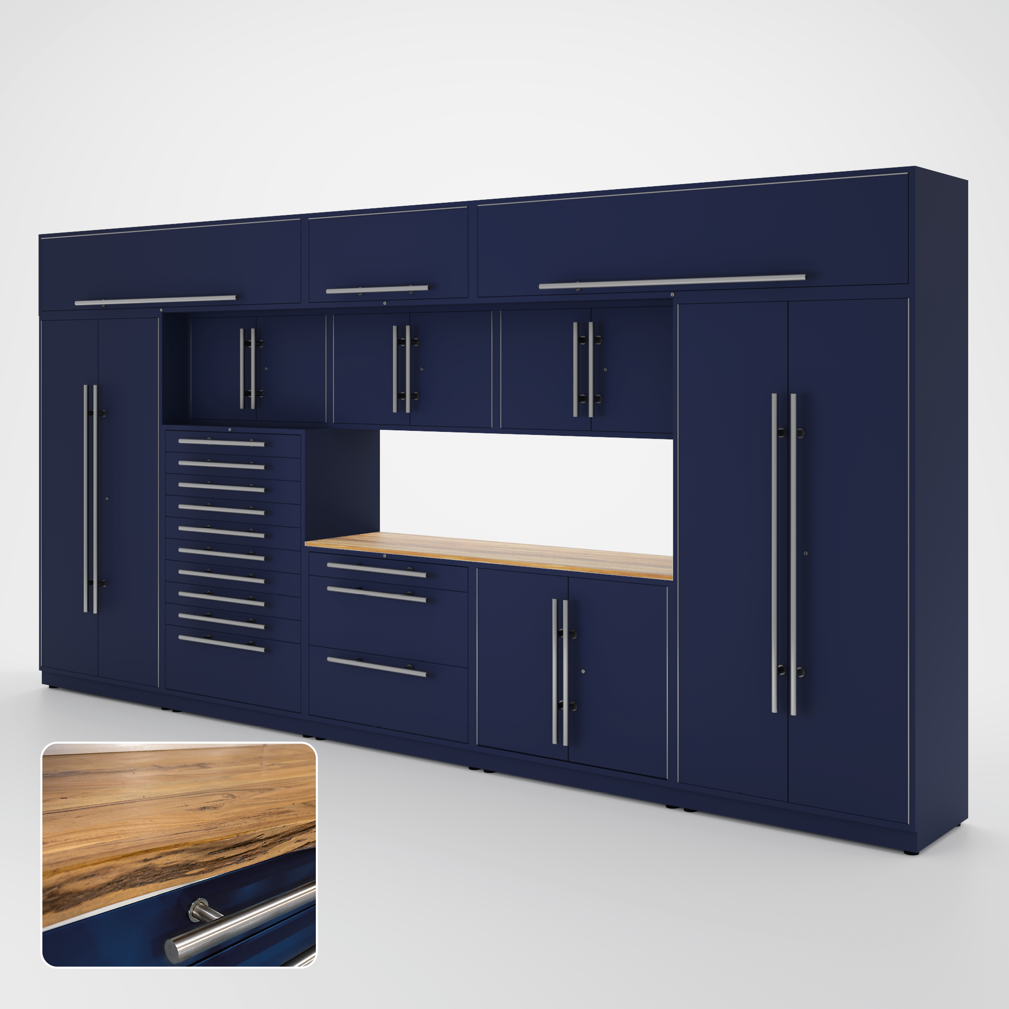 Proslat Lux Cabinets Blue 12 Piece Set with Live Edge Wood