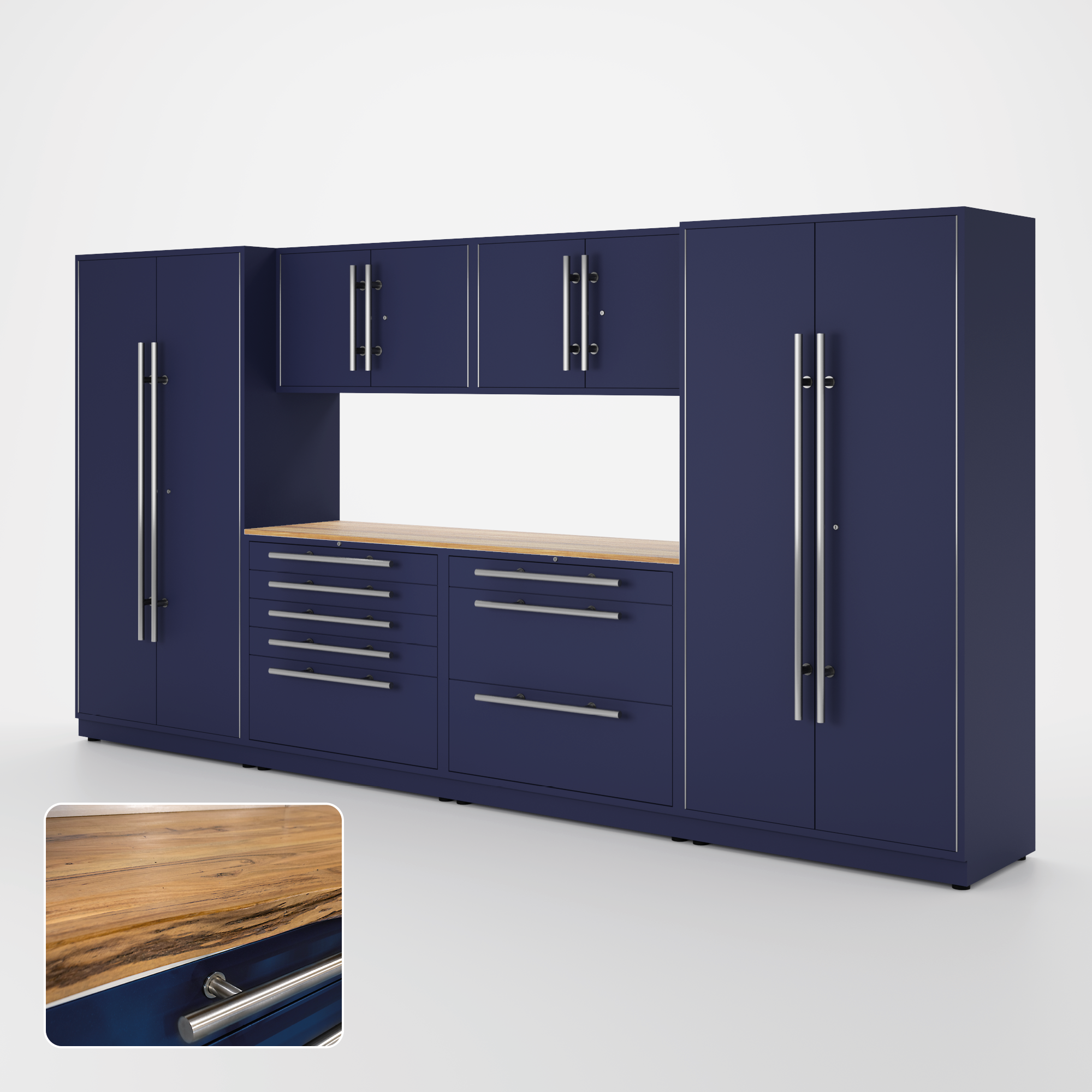 Proslat Lux Cabinets Blue 7 Piece Set with Live Edge Wood