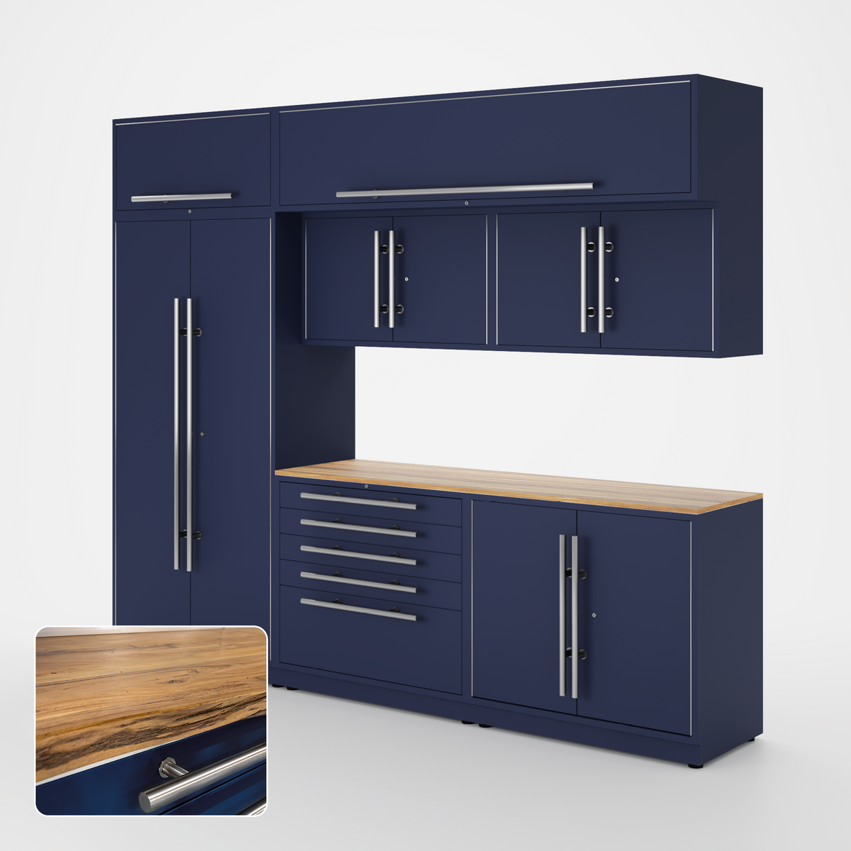 Proslat Lux Cabinets Blue 8 Piece Set with Live Edge Wood