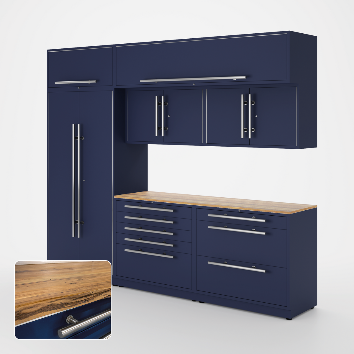 Proslat Lux Cabinets Blue 8 Piece Set with Live Edge Wood